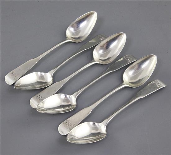 A set of six William IV provincial Scottish silver fiddle pattern teaspoons by Peter Lambert, Montrose, 73 grams.